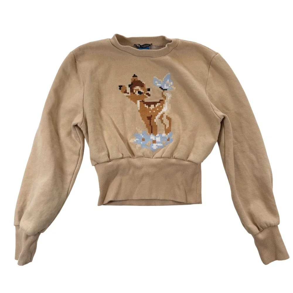 Zara Disney Classics Bambi Sweatshirt Tan Cropped Ribbed Waistband Women Small - Picture 1 of 8